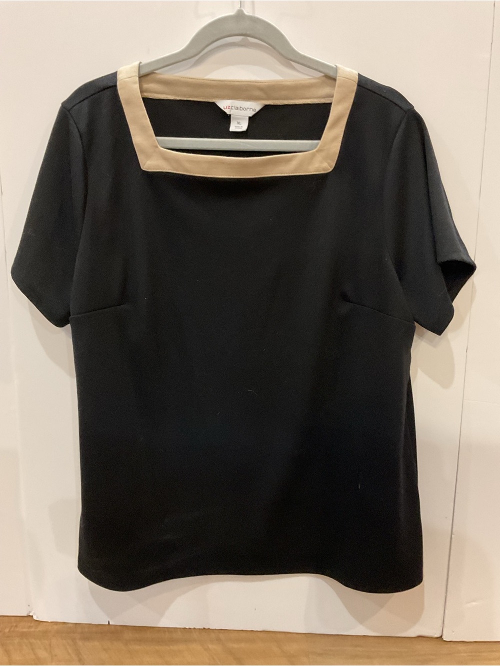 Liz Claiborne Black Top with Beige Square Neck Trim